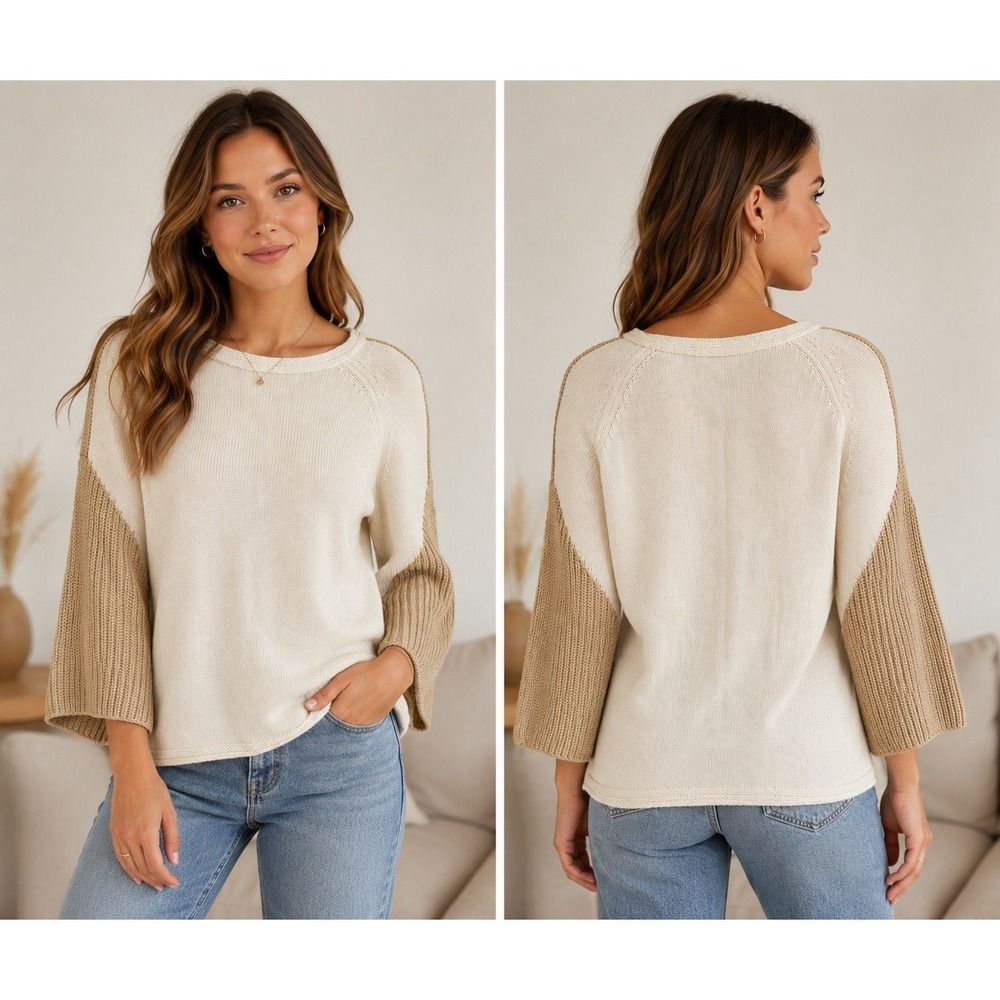 CHICOS Size 0 Small Cashmere Blend Cream Tan & Gold 3/4 Sleeve Soft Knit Sweater